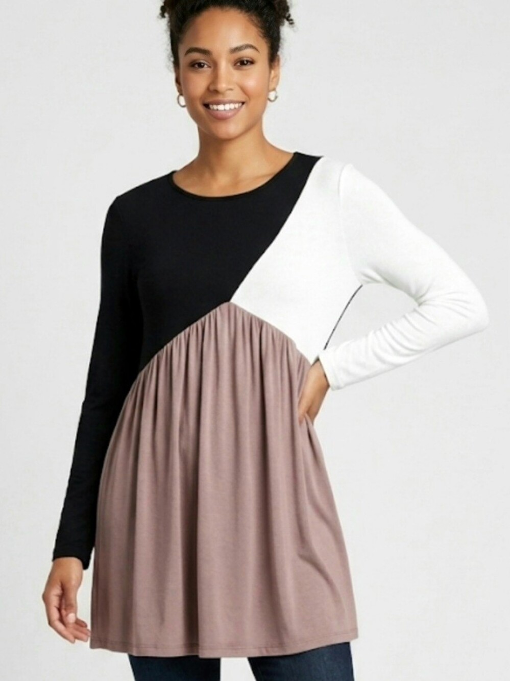 EGS California Women’s Large Colorblock Tunic Top Black Mauve Gray Long Sleeve